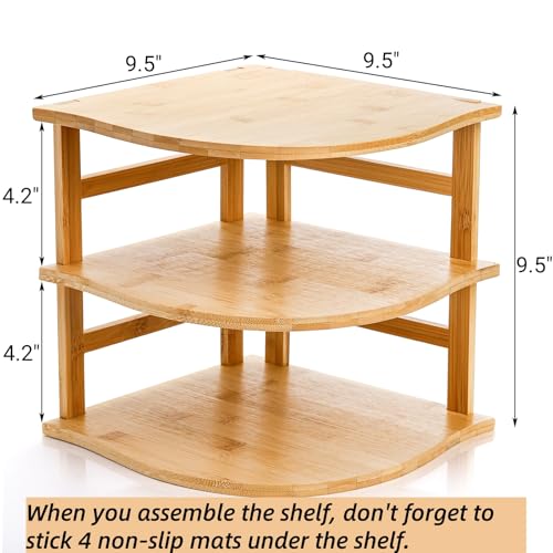 Goaste 3-Tier Bamboo Corner Shelf, Kitchen Countertop Storage Organizer, Cabinet Plate Rack for Pantry Organization, Bathroom, Desktop, 9.5 x 9.5 x 9.5 Inch