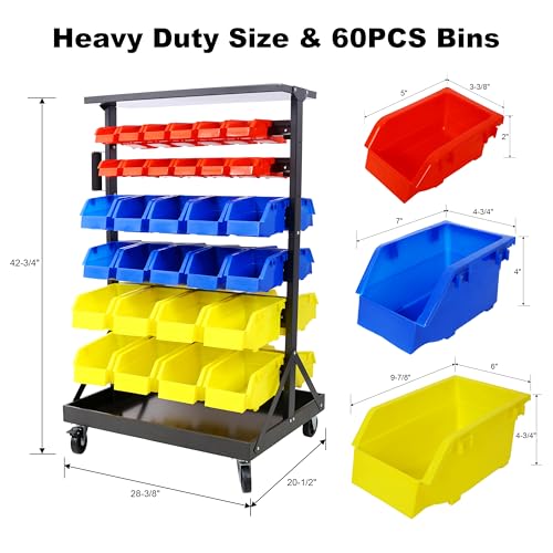 6-Tier Dual-Sided Rolling Bin Rack, Heavy Duty Steel Organizer Shelf with Locking Casters & 60 Bins, 350 lbs Capacity for Garage, Workshop & Hardware Tools (6-Tiers) - size: 6-Tiers