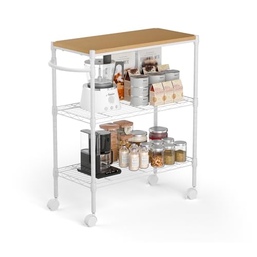 Whitmor 3 Tier Rolling Kitchen Cart,27.6"x10"x21.7”Heavy Duty Metal Storage Cart with Wheels, Adjustable Shelves, Lockable Utility Cart with Wood Top & Portable Handle for Indoor & Outdoor Use, White - color: 27.6 X 10 X 21.7 Inches