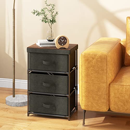 3-Drawer Bedside Table, 24.5" Nightstand with Metal Frame, Wood Top for Closet, Removable Fabric Bins & Handles, Small Dresser with Storage for Bedroom, Living Room & Entryway (2 Piece)