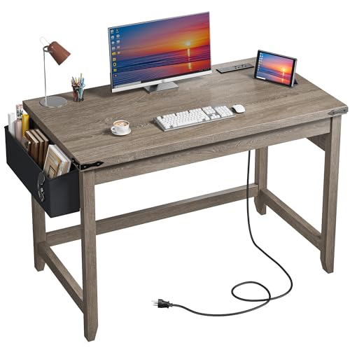 EnHomee 40 Inch Small Desk with Storage Bag Detachable,Study Desk with Power Outlet, Modern Simple Home Vanity Desk and Writing Desk for Small Spaces, Bedroom,Ash Gray - color: Ash Gray, size: 40inch with Storage Bag