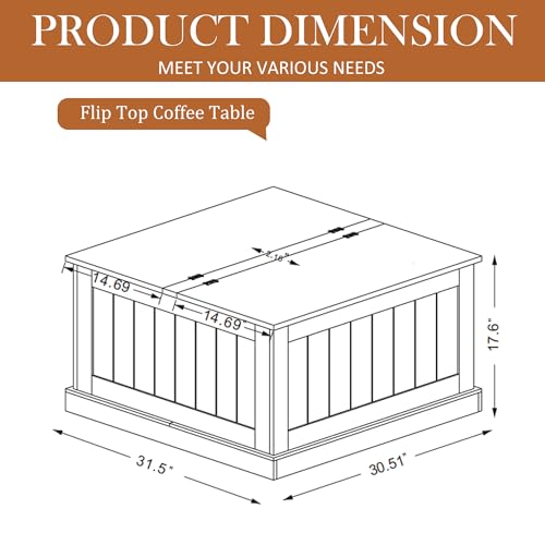 31.5" Farmhouse Coffee Table, Flip Top Coffee Square Table with Storage Compartment, Wooden Rustic Cocktail Table for Living Room, Bedroom, Apartment, Studio, White - color: White