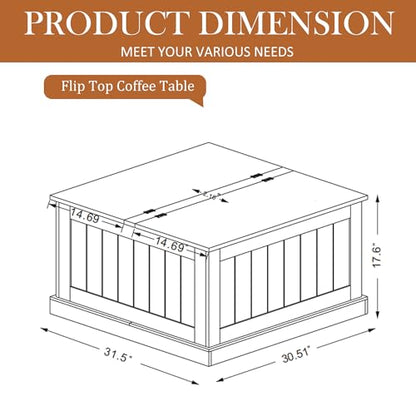 31.5" Farmhouse Coffee Table, Flip Top Coffee Square Table with Storage Compartment, Wooden Rustic Cocktail Table for Living Room, Bedroom, Apartment, Studio, White - color: White