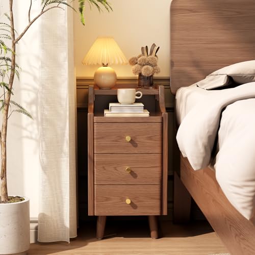 Solid Wood Narrow Nightstand with Drawers,Walnut Nightstand Wood Bedside Table Modern for Bedroom,Study,Toilet - color: Walnut, size: 15.75"D x 11.81"W x 23.62"H(3 Drawers)