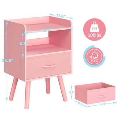 Yoobure Night Stand with Fabric Drawer, Modern Nightstand, Bedside Tables, Mid Century Nightstands with Open Storage Shelf, Wood Bedside Table, Small Night Stands for Bedrooms, 2-Tier Night Table - color: Pink