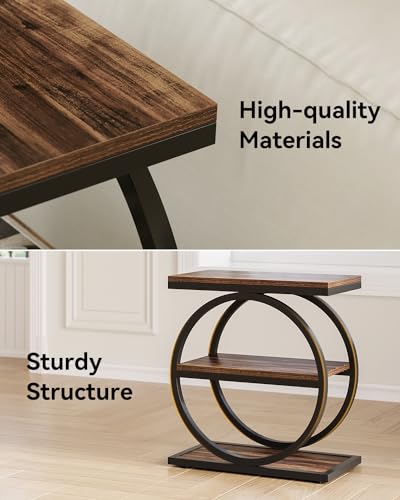 LITTLE TREE End Table Set 2, Side Table with 3 Tiers Shelves, Slim Sofa Side Table for Living Room, Tall Bedside Table Nightstand for Bedroom, Rustic Brown and Black - color: Rustic Brown