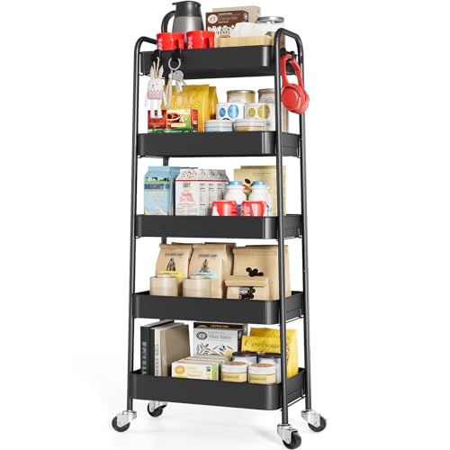 TOOLF 5-Tier Metal Rolling Cart with Wheels, Storage Utility Organizer Cart for Kitchen, Bathroom, Office, Baby Essentials & Makeup - Lockable Casters, Easy Assembly, Large Capacity, Black - color: Black, size: 5-Tier
