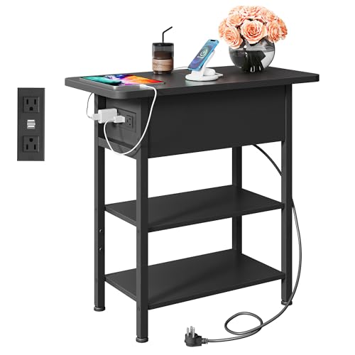 WLIVE 3-Tier End Table with Charging Station, Flip Top Narrow Side Table with Storage Shelf, Small Nightstand with USB Ports and Outlets,Bedside Table for Living Room, Bedroom - color: Black