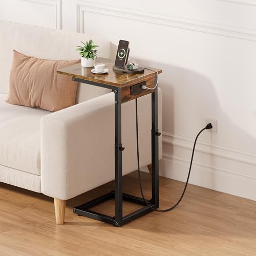 Vagusicc C Shaped End Table with Charging Station, 33"Tall Side Table for Couch, C-Table End Table Adjustable Height Side Table,Slide Under Couch Table TV Tray Table for Sofa,Living Room,Bedroom,Brown - color: Rustic Brown, style: Charging Station