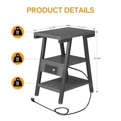 Side Table with Charging Station,3-Tier Small End Table,Lucky 7 Metal Shape | 2 AC Outlets + 2 USB Ports, Adjustable Feet, Nightstand for Bedroom, Living Room, Couch, Narrow Spaces, Grey - color: Grey