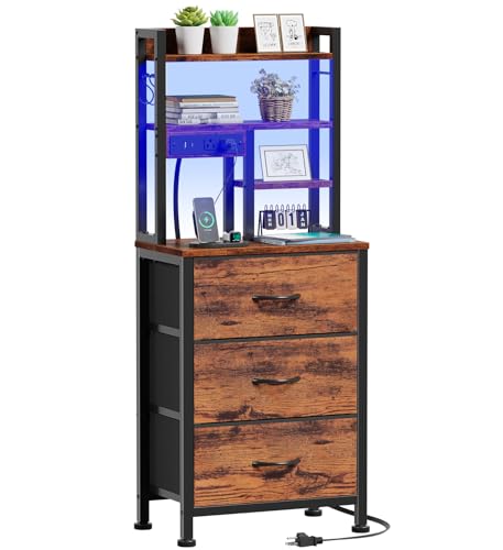 Tall Nightstand, 45.3" Bedside Table & End Table, 3 Fabric Drawers | RGB LED Lights & USB Ports & type-C, App + Key Control, 4-Tier Storage Shelves, Night Stand for Bedroom/Dorm/Office - color: Rustic Brown, size: 3 Drawer