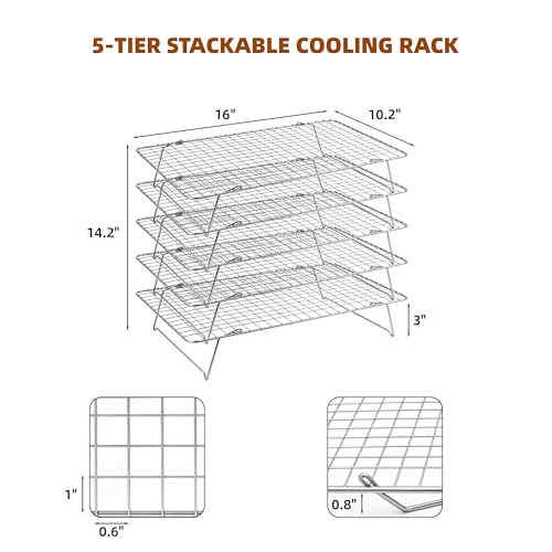 Cooling Rack 16"x10", 5-Tier Stackable & Collapsible Cooling Racks | Cooling Racks for Cooking and Baking, Roasting, Grilling, Oven & Dishwasher Safe (Silver, 5-Tier) - color: Silver, size: 5-Tier