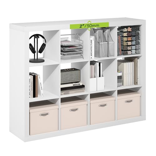 Furinno Cubicle Book Shelf, 12-Cube 2-Inch Super Thick Frame Bookshelf, Reversible Bookcase, Cube Storage Organizer with Open Back, 15.4 x 58 x 44, for Living Room, Bedroom, Home Office, White - color: White, size: 12-Cube, 2in