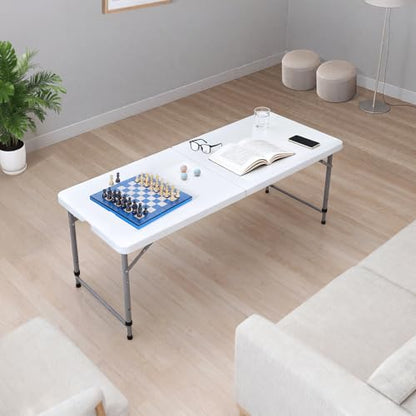 Lakhow Folding Table 4 Foot Portable Heavy Duty Plastic Fold-in-Half Utility Table with Carrying Handle,Indoor Outdoor Small Adjustable Height Folding,Camping and Party,White - color: 48 Inches White
