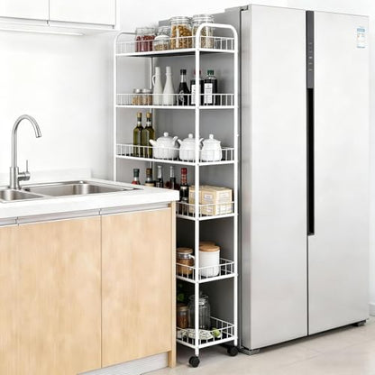 10in 6 Tier Slim Storage Cart with Wheels,White Narrow Space Rolling Shelving Unit, Metal Wire Mobile Organizer Rack for Kitchen Bathroom Office Laundry - size: 10in White