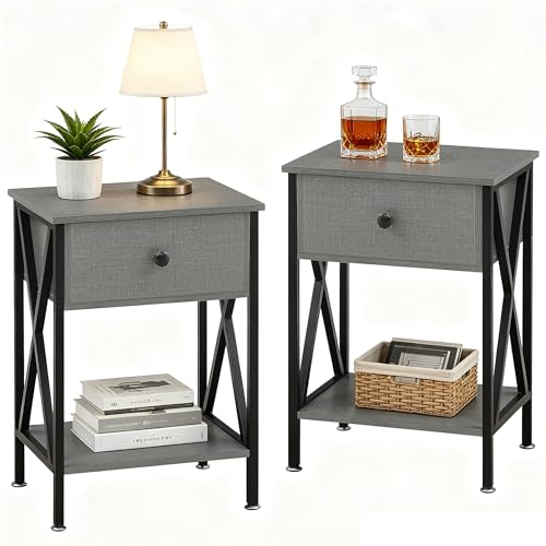 VECELO Nightstands Set of 2, Modern Bedside End Tables, Night Stands with Drawer and Storage Shelf for Living Room Bedroom, Industrial Metal Frame - color: Hemp Grey, size: Set of 2 - 15.8"W x 11.8"D x 21.7"H