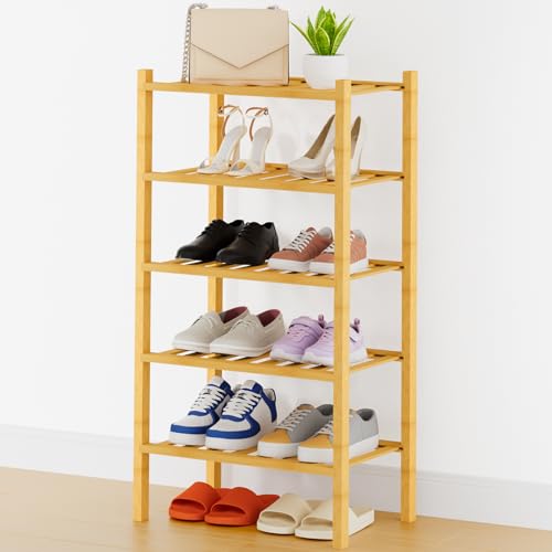 Smiry Small Bamboo Shoe Rack, 5 Tier Free Standing Wooden Shoe Organizer, Stackable Wood Shoe Storage Shelf for Closet, Entryway, 14 Vertical Slats, 2+2+1 Stack Thicker Legs, 17.3"x11"x32.5", Natural - color: Natural, size: 17.32" Wide - 5 Tier - Thicker
