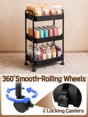 3-Tier Carbon Steel Rolling Cart for Dorm, Black | Utility Cart College Essentials with 360° Swivel Lockable Wheels, Book Cart Self Organizer for Girls Bedside Snack Storage