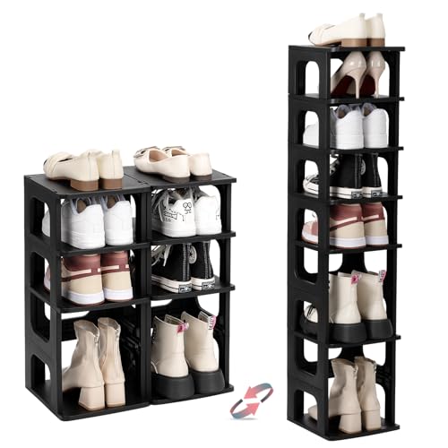 TRZZ 8-Tier Shoe Rack, Narrow Stackable Organizer, Black | Removable Partition, Vertical Efficient Shoe Storage, for Closet, Entryway, Small Spaces - color: Black, size: 8-Tier-9.5"L