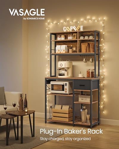 VASAGLE Bakers Rack with Charging Station, Coffee Bar, 15.7 x 39.4 x 71 Inches, Kitchen Microwave Stand, Adjustable Storage Shelves, Fabric Drawer, 12 Hooks, Rustic Brown and Ink Black UKKS027K01 - color: Rustic Brown + Ink Black, size: 15.7"D x 39.4"W