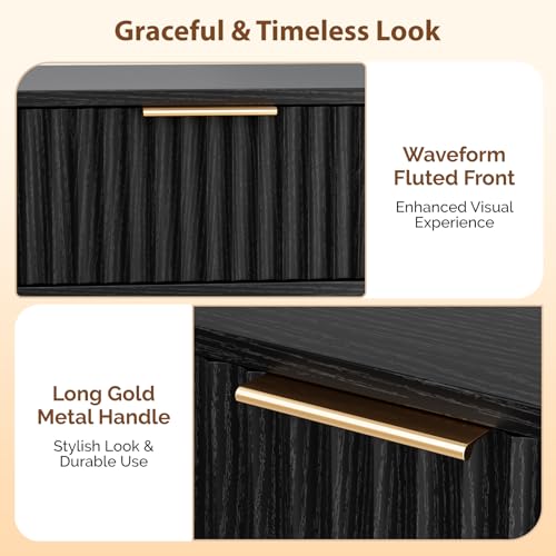VINGLI Nightstands Set of 2, Fluted Night Stand with Drawer, Bedside Table, Wood Nightstand for Bedroom, Mid Century Modern End Tables, Black, 18.9" W*14.96" D*24" H - color: Black, size: 19"W-1 Drawer