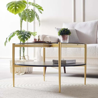 LumFurn Round Coffee Table for Living Room, Mid-Century Modern Design, D30 x H17, 2-Tier Structure, Grey Glass Top and Black Marble Finish Wood Shelf, Sleek Conical Metal Legs with Gold Finish Frame - color: Grey & Black Marble, size: D30" Round Coffee Ta
