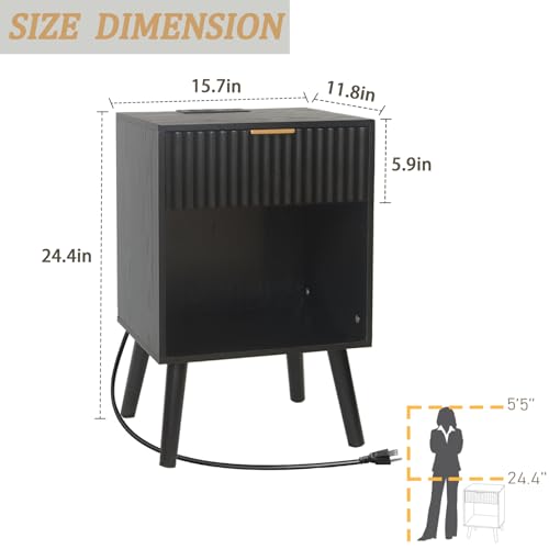 Fultyle Fluted Black Nightstand with Charging Station, Mid Century Modern Bedside Table with Drawers and Outlet, Side Tables Living Room, Wooden Night Stand for Bedroom, Office (Black) - color: Black With Charging Station