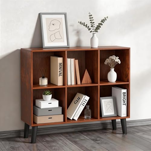 6 Wooden Cube Storage Organizer with Legs,Two Tier Horizontal Cube Bookcase Freestanding Storage Organizer Open Shelf Short Bookshelf for Bedroom, Living Room, Home Office (6 Cube,Retro Brown) - color: Retro Brown, size: 6 Cube-Horizontal