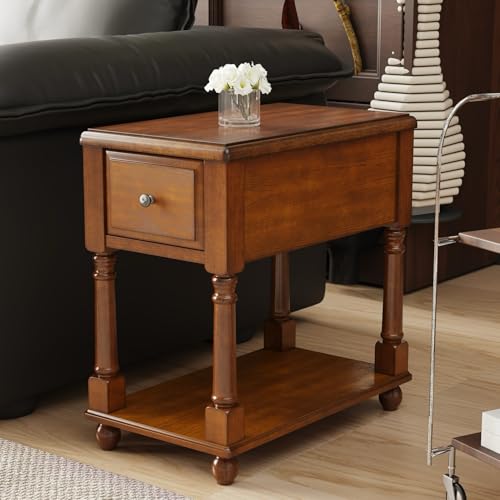 Narrow End Table with Drawer and Storage Shelf, Solid Wood Sofa Side Tables, Slim Beside Table-, Telephone for Small Spaces, Living Room, 22"L x 13"W x 22.7"H No-tools Assembly Caramel Brown BBJ004DR - color: Caramel Brown