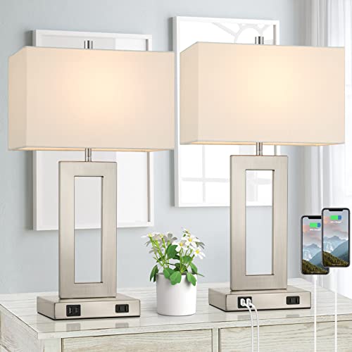 22'' Tall Table Lamps for Bedroom Set of 2, Silver Bedside Touch Control Lamp with 2 USB Ports&AC Outlet, Modern Living Room Table Lamp for Nightstand End Table, 3-Way Dimming with 2 E26 Edison Bulbs | 3 Way Dimmable, Touch Control, White Fabric Shade, E2