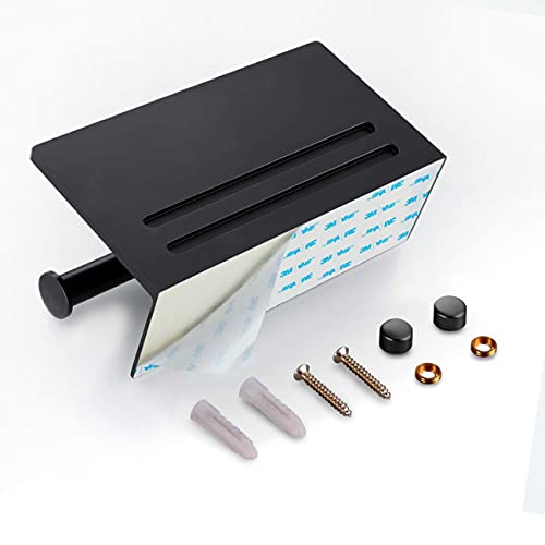 Toilet Paper Holder - Aluminium Double Roll Toilet Tissue Holder with Mobile Phone Shelf for Bathroom, 3M Self Adhesive No Drilling or Wall-Mounted with Screws, Rustproof Modern Style Black - color: Black-2 Roll