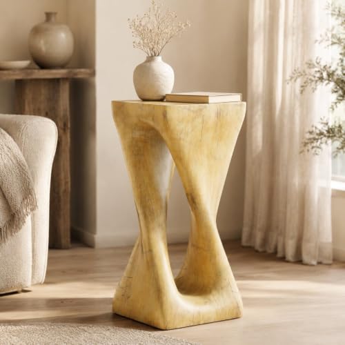 IRONORA Light Natural Twisted Hollow Wood Grain Pedestal Side Table, Hourglass Sculpture Accent End Table, Decorative Console Plant Stand for Entryway Living Room Wabi Sabi Farmhouse Decor - color: Style B-natural