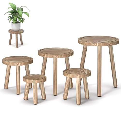 5-Pack Wood Plant Stands Indoor, Single Plant Stand for 6-12 Inch Pots, Mid-Century Modern Plant Stool, Tall Plant Stand for Large Plants for Living Room, Balcony, Office (Light Brown) - color: light burnt color-5Pack