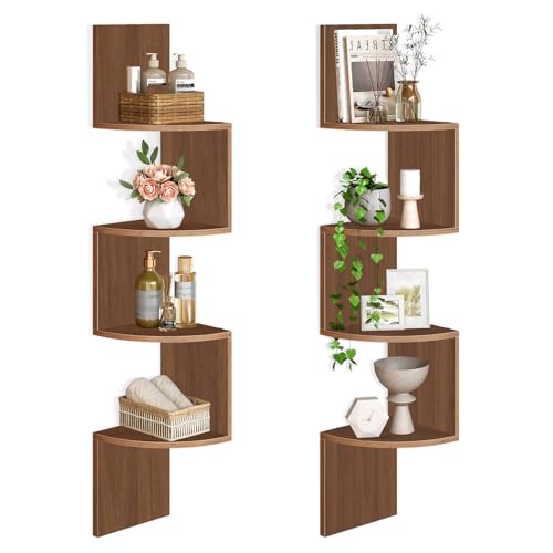 HOOBRO Corner Shelf Wall-Mounted, Set of 2 Floating Corner Shelves for Wall, 4-Tier Corner Bookshelves for Living Room, Bedroom, Bathroom, Home Office, Walnut WL25BJP201 - color: Walnut, size: 41.3 Inches