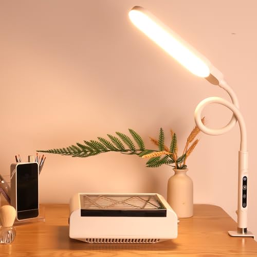 BQAN LED Desk Lamp with Clamp 15W Eye-Caring Clip on Light for Home White | 5 Modes & 9 Brightness | Adjustable Gooseneck | Touch Dimmer | Clamp Desk Design | For Reading, Study, Nail Art, Work - color: White