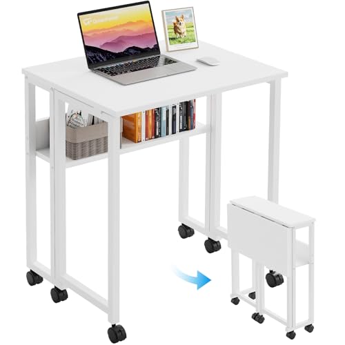 GreenForest Folding Desk with Wheels, 24.8" Rolling Table for Small Spaces | Storage Shelf, Lockable Casters, Compact Portable Workstation, Space-Saving Foldable Sofa Table, Home Office, Mobile, White - color: Pure White, size: 24.8 inch