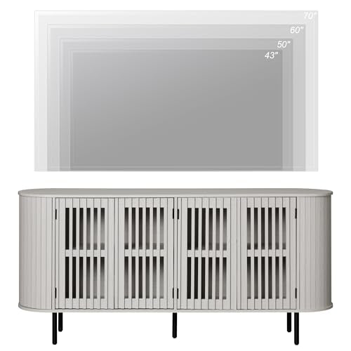 WAMPAT 64.4" Fluted TV Stand, Wood Entertainment Center for TVs Up to 70 inches, Curved Edge Media Console Table with Doors and Shelves for Living Room, Bedroom, White Washed - color: White Washed