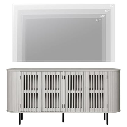 WAMPAT 64.4" Fluted TV Stand, Wood Entertainment Center for TVs Up to 70 inches, Curved Edge Media Console Table with Doors and Shelves for Living Room, Bedroom, White Washed - color: White Washed