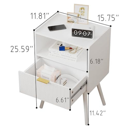 JOONEE White Nightstand,Modern Bedside Table with Storage Drawer and Open Wood Shelf, for Living Room, Bedroom and Small Spaces, Accent Night Stand with Solid Wood Legs, Easy Assembly,Classic White - color: White