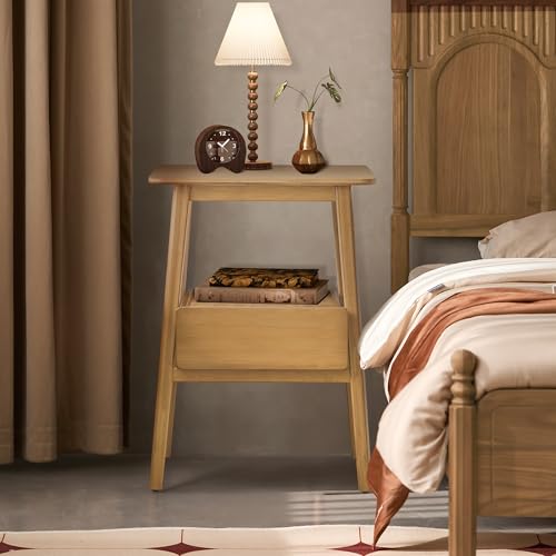 JIKUGO Nightstand Mid Century Modern and Drawers Display Cabinet for Bedroom Bamboo Bedside Tables 21.9x15.8x14.2in Night Stands Bed Side Table Bamboo - color: Bamboo