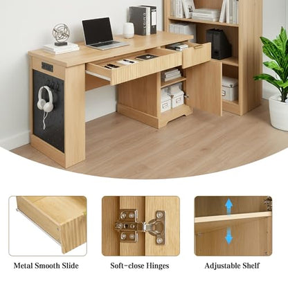 55" Modern Fluted Office Desk with Storage Cabinet & Drawers, Computer Writing Desk with Power Outlet, Pegboard, Built-in Shelves & Keyboard Tray for Study, Home Office (Light Oak) - color: Light Oak