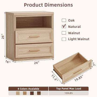 RWYHG 24'' Wide Farmhouse Night Stand with 2 Drawers,Wood Nightstand | Modern End Table Open Storage Shelf, Metal Handle, Mid-Century Bed Side Table for Bedroom, Living Room,Natural - color: Natural