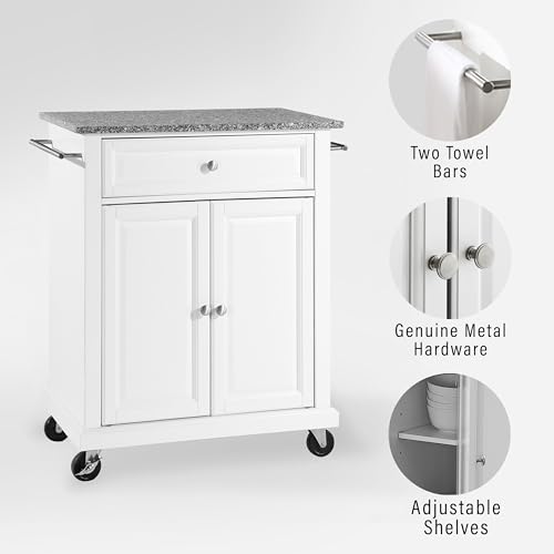 Crosley Furniture Compact Granite Top Small Rolling Cart with Shelves, Microwave Stand with Towel Rack, White - color: White, style: Gray Granite Top