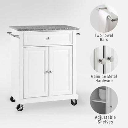 Crosley Furniture Compact Granite Top Small Rolling Cart with Shelves, Microwave Stand with Towel Rack, White - color: White, style: Gray Granite Top