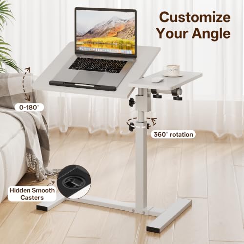 Overbed Table with Wheels Rolling, Adjustable Mobile Bedside Desk | Flip-Top, Laptop Table, C Shaped End Side Table for Couch, Sofa, Bed, Recliner and Home Use, Large White - color: Large White