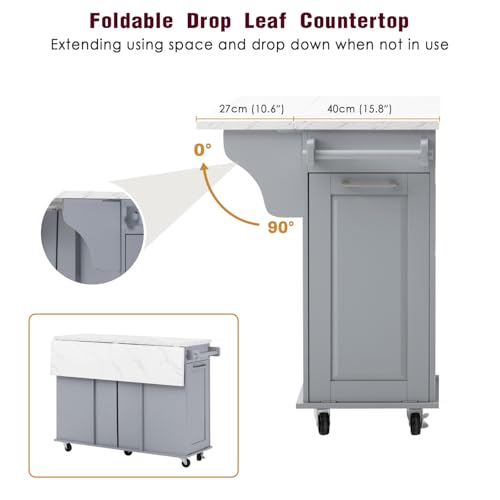 Kitchen Island with Trash Can Storage Cabinet and Faux Marble Top | Grey Blue, 50.7" Rolling Kitchen Cart on Wheels with Drop Leaf, Spice Rack, Towel Rack and Adjustable Shelf for Dining Room - color: Grey Blue