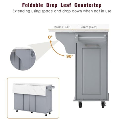 Kitchen Island with Trash Can Storage Cabinet and Faux Marble Top | Grey Blue, 50.7" Rolling Kitchen Cart on Wheels with Drop Leaf, Spice Rack, Towel Rack and Adjustable Shelf for Dining Room - color: Grey Blue