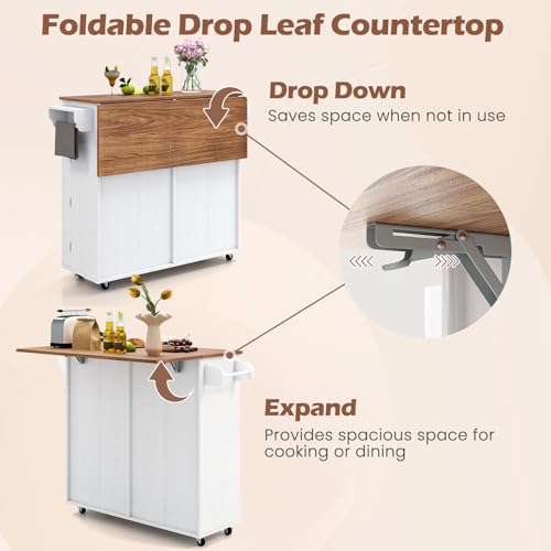Giantex Kitchen Island Cart with Hidden Tilt Out Trash Can Cabinet, Drop Leaf, 2 Drawers, Towel Rack, Rolling Mobile Breakfast Bar Table, Wood Kitchen Storage Cart on Wheels (White & Natural) - color: White