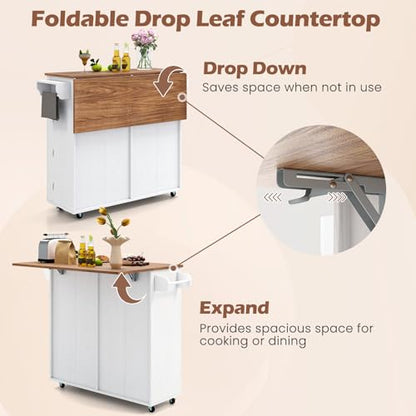 Giantex Kitchen Island Cart with Hidden Tilt Out Trash Can Cabinet, Drop Leaf, 2 Drawers, Towel Rack, Rolling Mobile Breakfast Bar Table, Wood Kitchen Storage Cart on Wheels (White & Natural) - color: White