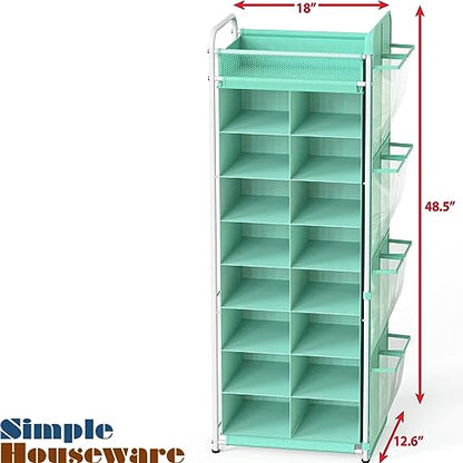 Simple Houseware 16 Cube Shoe Stand Tower Rack 8 Tier, Turquoise | Top Shelf and Side Hanging Pockets - color: Turquoise